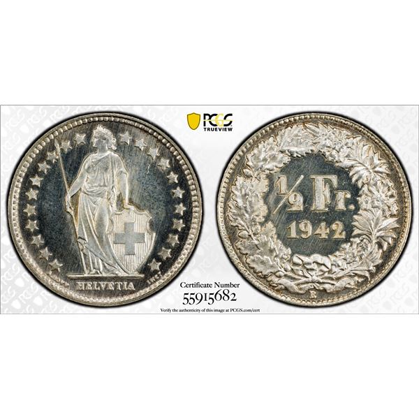 SWITZERLAND: Confederation, AR 1/2 franc, 1942-B, PCGS Specimen 67