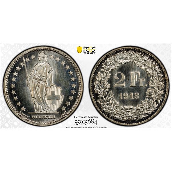 SWITZERLAND: Confederation, AR 2 francs, 1943-B, PCGS Specimen 67