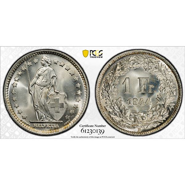 SWITZERLAND: Confederation, AR franc, 1944-B, PCGS MS67