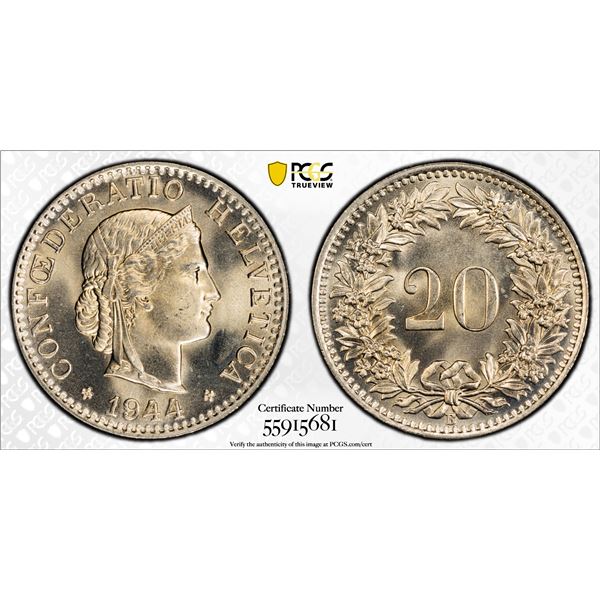 SWITZERLAND: Confederation, 20 rappen, 1944-B, PCGS MS67
