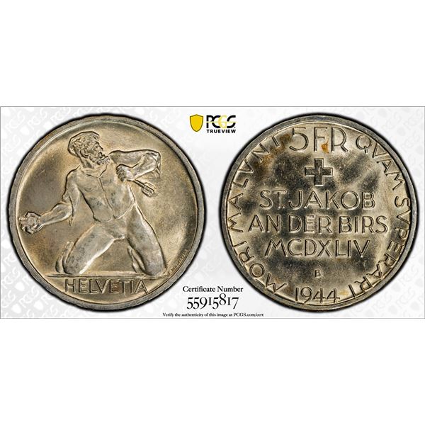 SWITZERLAND: Confederation, AR 5 francs, 1944-B, PCGS UNC details