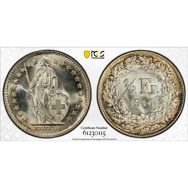 SWITZERLAND: Confederation, AR 1/2 franc, 1946-B, PCGS MS66