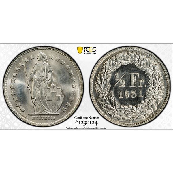 SWITZERLAND: Confederation, AR 1/2 franc, 1951-B, PCGS MS67