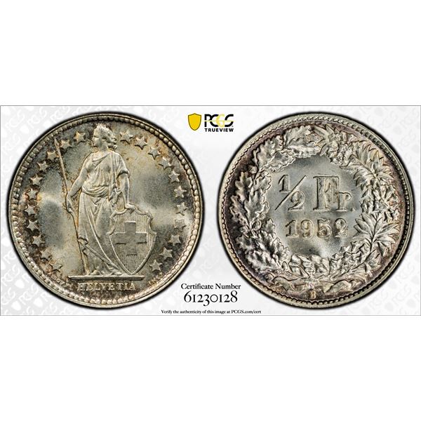 SWITZERLAND: Confederation, AR 1/2 franc, 1952-B, PCGS MS67