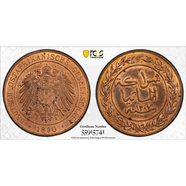 GERMAN EAST AFRICA: Wilhelm II, 1888-1918, AE pesa, 1890/AH1307, PCGS MS64 RB