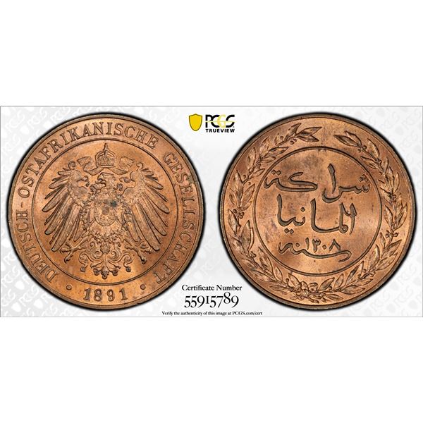 GERMAN EAST AFRICA: Wilhelm II, 1888-1918, AE pesa, 1891/AH1308, PCGS MS64 RB
