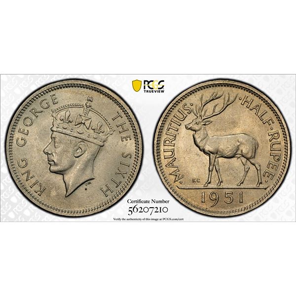 MAURITIUS: George VI, 1936-1952, 1/2 rupee, 1951, PCGS MS65