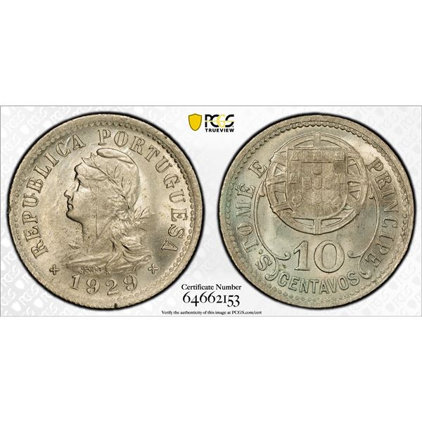 ST. THOMAS & PRINCE: Portuguese Colony, 10 centavos, 1929, PCGS MS65