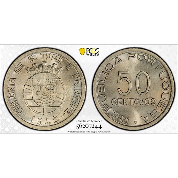ST. THOMAS & PRINCE: Portuguese Colony, 50 Centavos, 1948, PCGS MS66