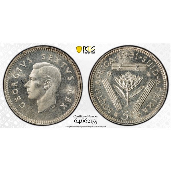 SOUTH AFRICA: George VI, 1936-1952, AR 3 pence, 1951, PCGS Proof 67