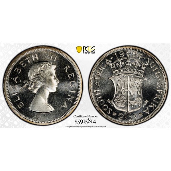SOUTH AFRICA: Elizabeth II, 1952-2022, AR 2 1/2 shillings (1/2 crown), 1954, PCGS Proof 66
