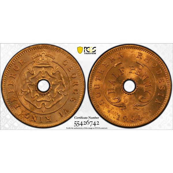 SOUTHERN RHODESIA: George VI, 1936-1952, AE 1/2 penny, 1944, PCGS MS65 RD