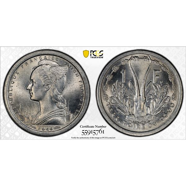 TOGO: French Colony, 1 franc, 1948, PCGS MS65