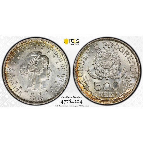 BRAZIL: Republic, AR 500 reis, 1913-A, PCGS MS66