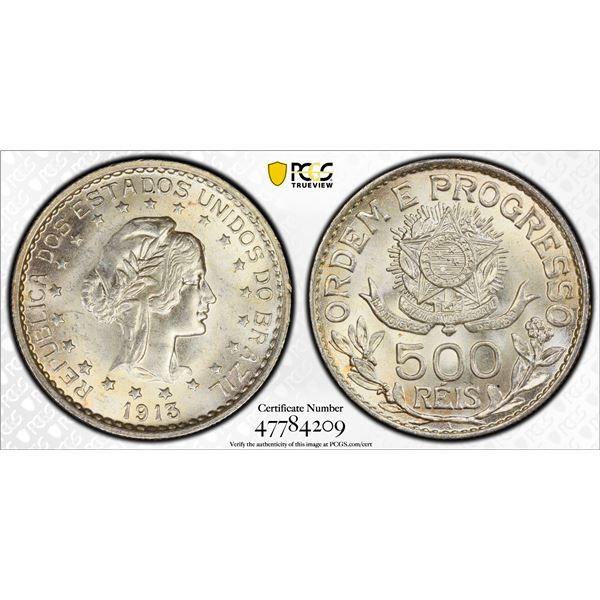 BRAZIL: Republic, AR 500 reis, 1913-A, PCGS MS65