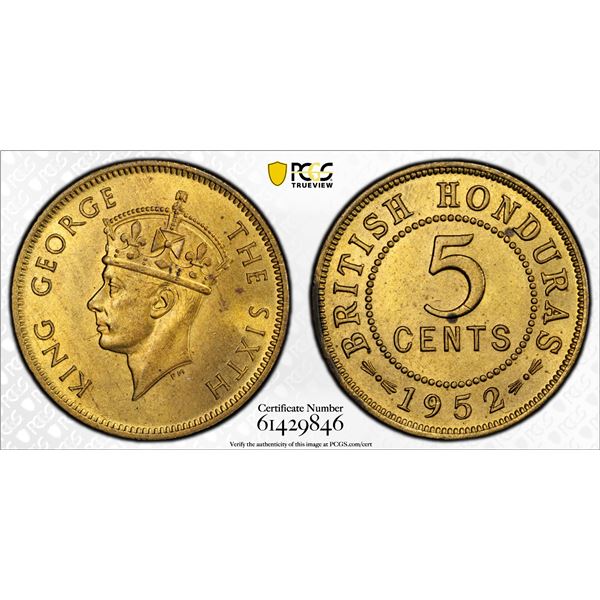 BRITISH HONDURAS: George V, 1910-1936, 5 cents, 1952, PCGS MS64