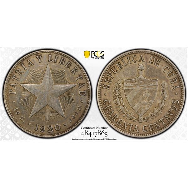 CUBA: Republic, AR 40 centavos, 1920, PCGS EF45