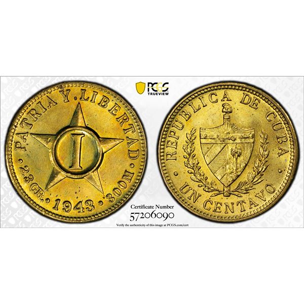 CUBA: Republic, AE centavo, 1943, PCGS MS65