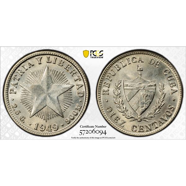 CUBA: Republic, AR 10 centavos, 1949, PCGS MS64