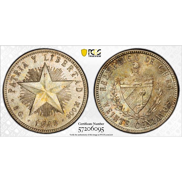 CUBA: Republic, AR 20 centavos, 1949, PCGS MS64