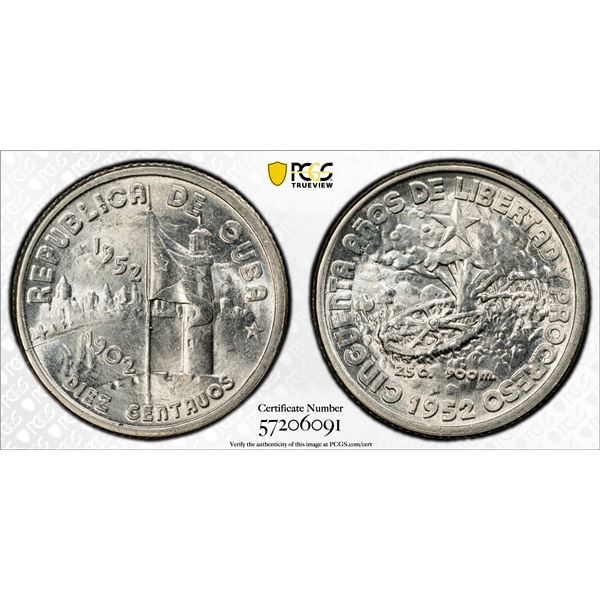 CUBA: Republic, AR 10 centavos, 1952, PCGS MS65