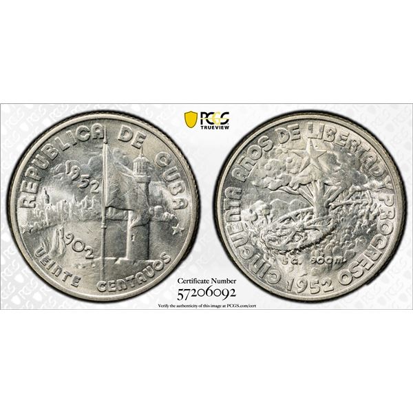 CUBA: Republic, AR 20 centavos, 1952, PCGS MS65