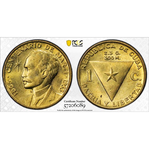 CUBA: Republic, AE centavo, 1953, PCGS MS65