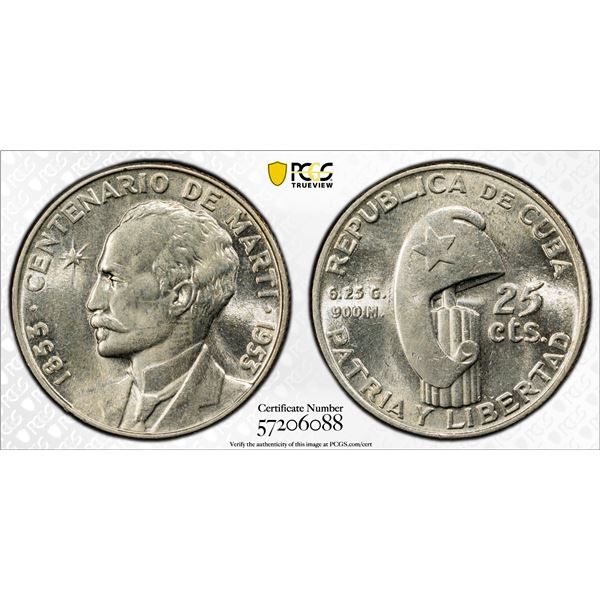 CUBA: Republic, AR 25 centavos, 1953, PCGS MS64