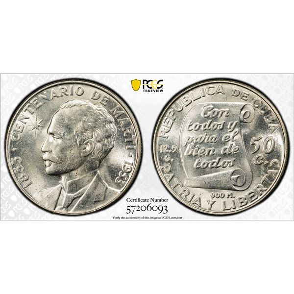 CUBA: Republic, AR 50 centavos, 1953, PCGS MS63