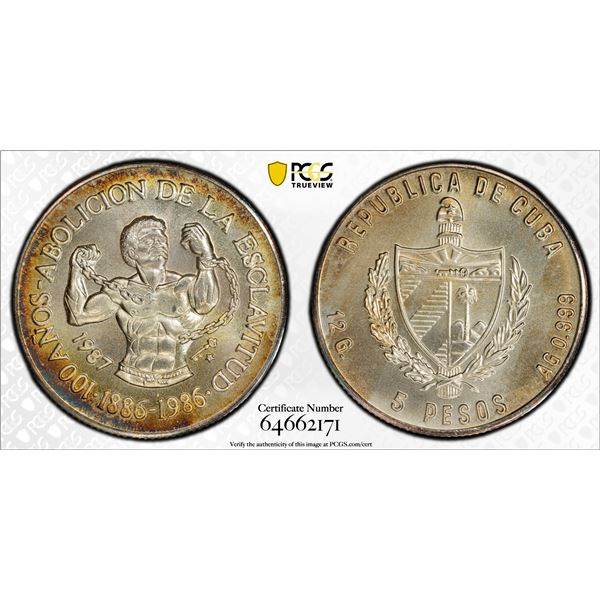 CUBA: Republic, AR 5 pesos, 1987, PCGS MS68