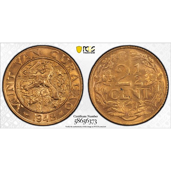 CURAÇAO: Wilhelmina, 1890-1948, AE 2½ cents, 1948, PCGS MS65 RD