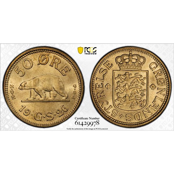 GREENLAND: Christian X, 1912-1947, 50 ore, 1926, PCGS MS66