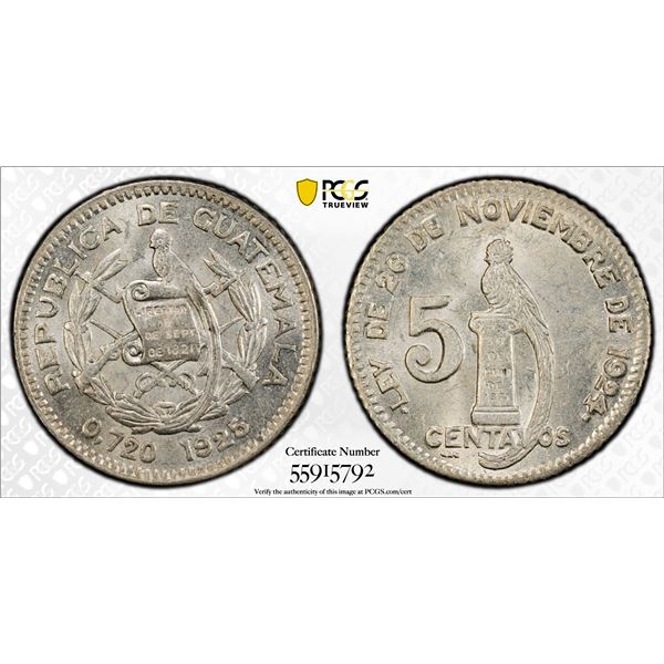 GUATEMALA: Republic, AR 5 centavos, 1925, PCGS MS64