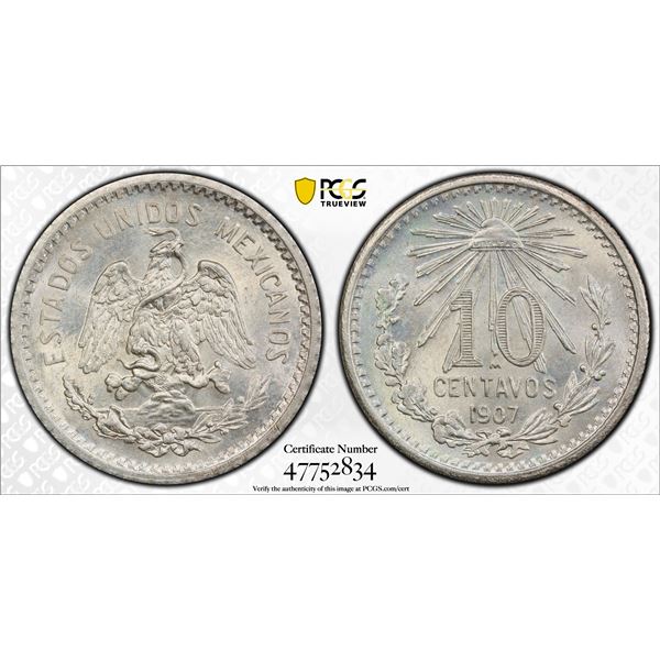 MEXICO: Estados Unidos, AR 10 centavos, 1907-M, PCGS MS66