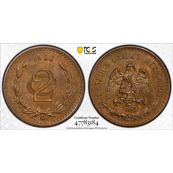 MEXICO: Estados Unidos, AE 2 centavos, 1920-Mo, PCGS MS63 BN