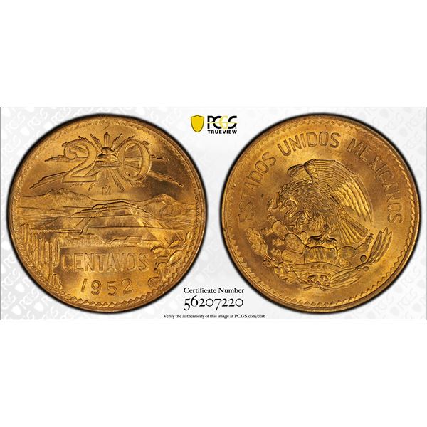 MEXICO: Estados Unidos, AE 20 centavos, 1952-Mo, PCGS MS66 RD