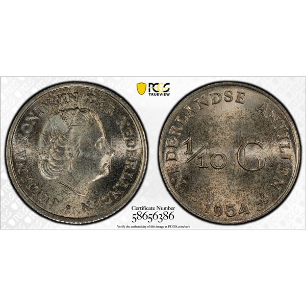 NETHERLANDS ANTILLES: Juliana, 1948-1980, AR 1/10 gulden, 1954, PCGS MS65