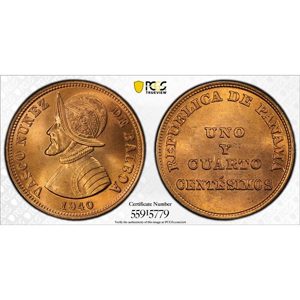 PANAMA: Republic, AE 1¼ centesimos, 1940, PCGS MS65 RD