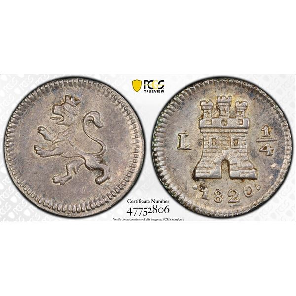 PERU: Fernando VII, 1808-1822, AR 1/4 real (cuartilla), 1820-L, PCGS AU58
