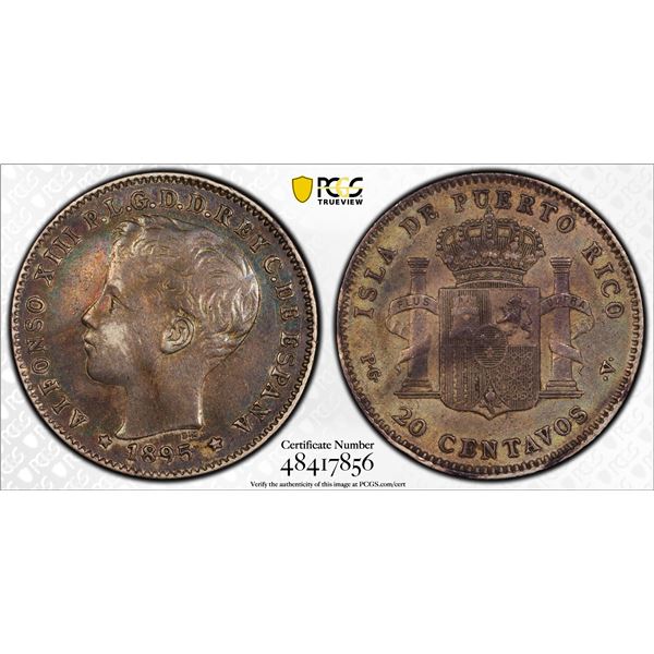 PUERTO RICO: Alfonso XIII, 1886-189, AR 20 centavos, 1895, PCGS EF45