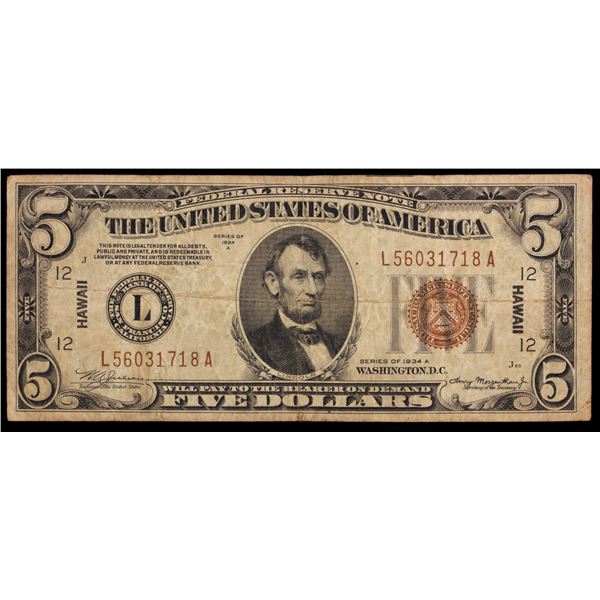 UNITED STATES: 5 dollars, 1934-A, Fine