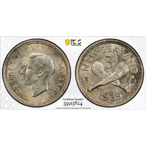 NEW ZEALAND: George VI, 1936-1952, AR 3 pence, 1939, PCGS MS64