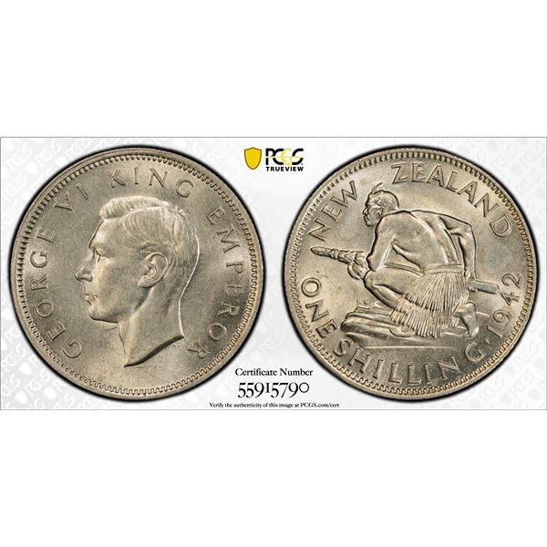 NEW ZEALAND: George VI, 1936-1952, AR shilling, 1942, PCGS MS63