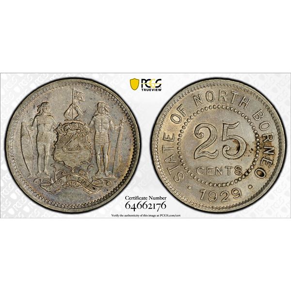 BRITISH NORTH BORNEO: AR 25 cents, 1929-H, PCGS MS61