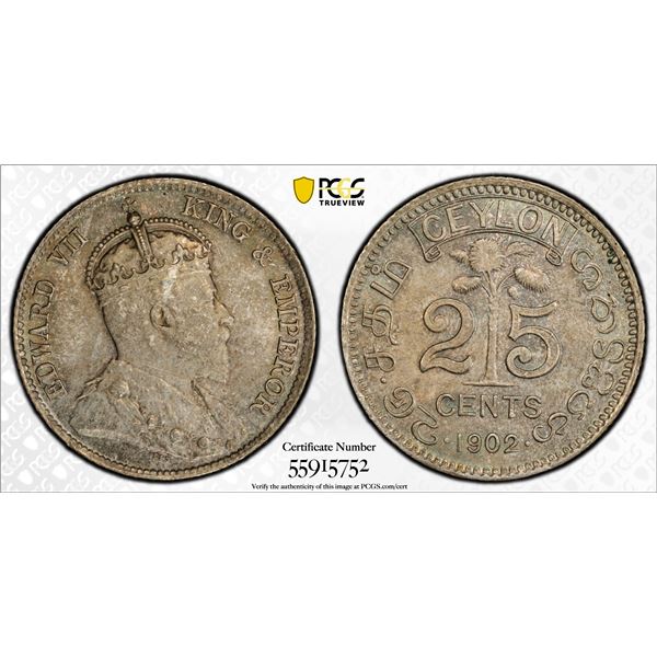 CEYLON: Edward VII, 1901-1910, AR 25 cents, 1902, PCGS MS64