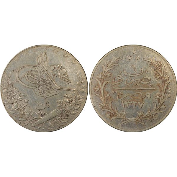 EGYPT: Muhammad V, 1909-1914, AR 20 qirsh, Misr, AH1327 year 6, PCGS EF45