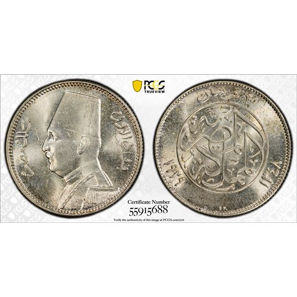 EGYPT: Fuad I, King, 1922-1936, AR 2 piastres, 1929/AH1348, PCGS MS64