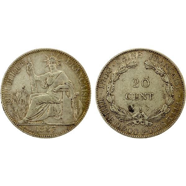 FRENCH INDOCHINA: AR 20 cents, 1887-A, VF-XF