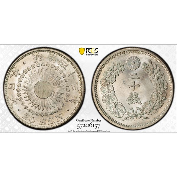 JAPAN: Meiji, 1868-1912, AR 20 sen, year 43 (1910), PCGS MS65