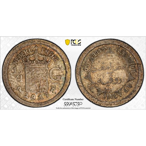 NETHERLANDS EAST INDIES: Wilhelmina, 1890-1948, AR 1/4 gulden, 1917, PCGS MS64